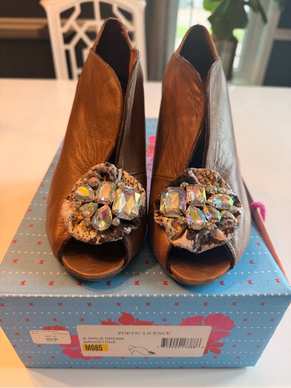 Poetic License Brown Leather Peep-Toe heels with Jewel Flower